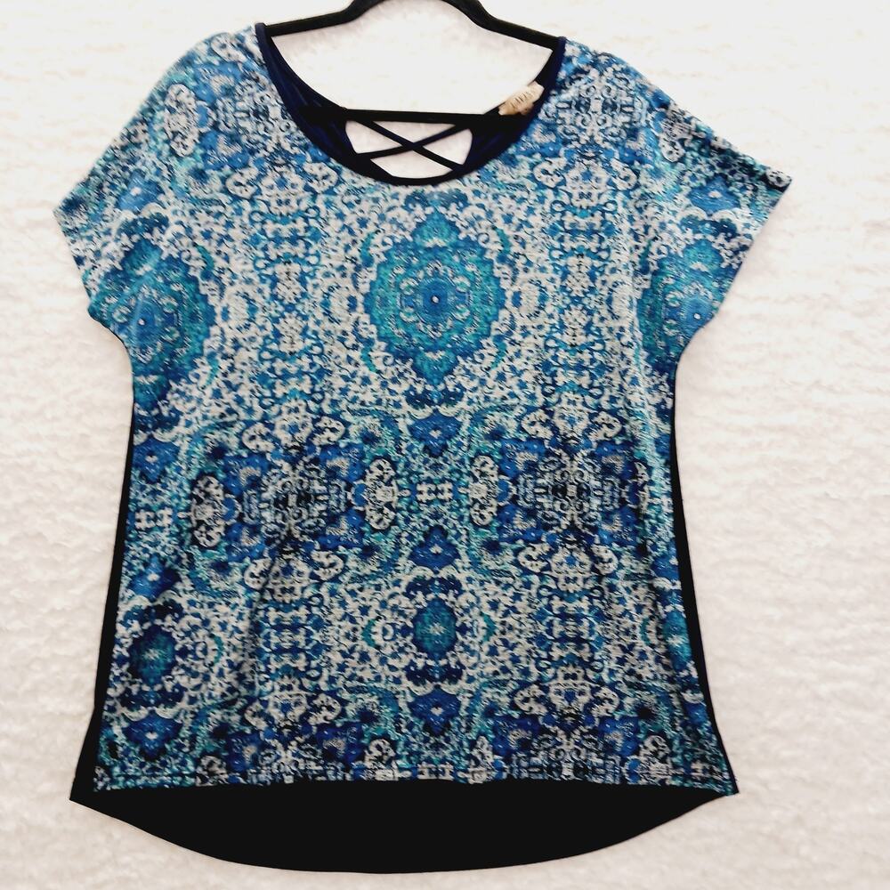 T-Shirt Women Blue Teal Boho Coastal Resort Cruise High Low Strappy Back Size XL